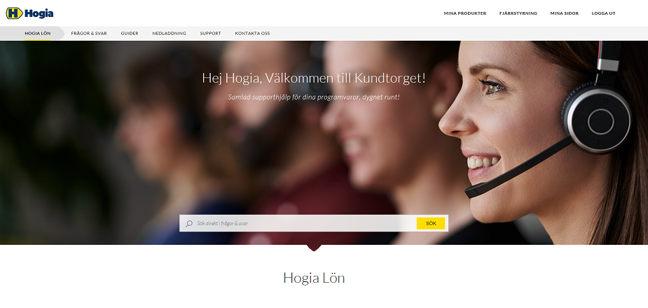 Skärmdump från Hogias självhjälpsplattform, Kundtorget. Det syns en meny och ett sökfält.