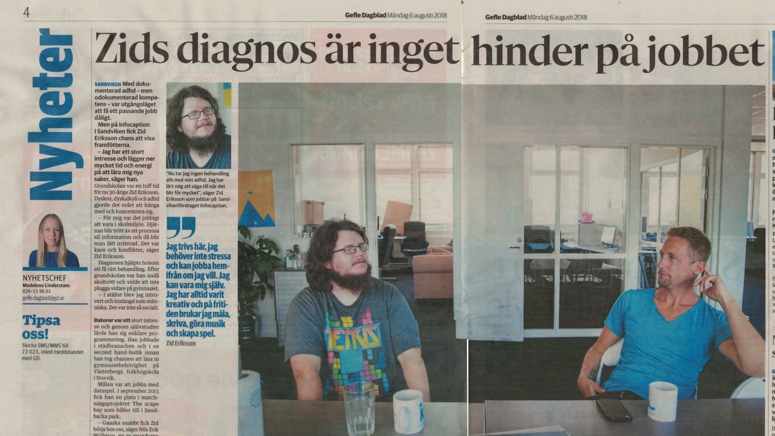 Foto av en tidningsartikel med rubriken "Zids diagnos är inget hinder på jobbet".